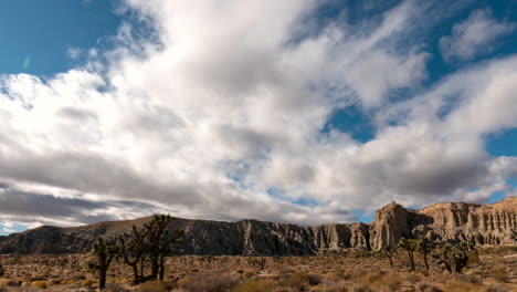 Las-Nubes-Ruedan-Rápidamente-Por-El-Cielo-Sobre-Los-Acantilados-En-El-Parque-Estatal-Del-Cañón-De-Roca-Roja-Con-árboles-De-Joshua-En-El-Primer-Plano-De-Este-Lapso-De-Tiempo-Dramático