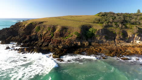 Beautiful-drone-shot-starting-on-surfers-then-flying-over-Kangaroos-on-cliff-at-Coffs-Harbour-Australia