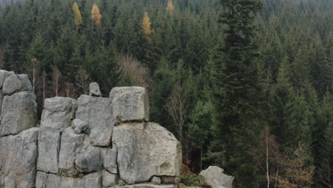Luftaufnahme-Der-Unberührten-Naturwaldlandschaft,-Große-Felswand-Und-Grüne-Nadelbäume-Bedecken-Den-Berg