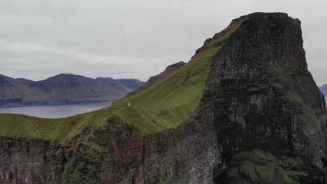Aerial-of-small-lighthouse-on-top-of-a-massive-cliff-in-the-ocean,-Kalsoy,-Faroe-Islands-in-spectacular-and-beautiful-landscape-on-a-cloudy-day