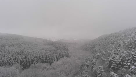 Una-Densa-Niebla-Invernal-Cubre-Un-Valle-Montañoso-Cargado-De-Nieve,-Una-Plataforma-Rodante-Aérea