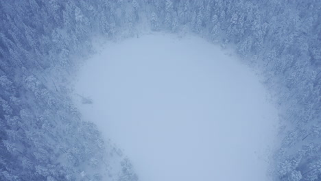 Aerial-drone-footage-of-remote-frozen-pond-in-the-middle-of-wilderness