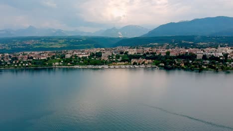 Aerial-views-of-the-village-of-Thonon,-surrounded-by-the-Léman-Lake-in-France