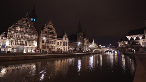 Static-view-of-Korenlei-and-Graslei-quays-at-night---Ghent,-Belgium