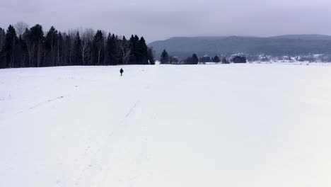 Hombre-Solitario-Caminando-Por-Un-Pequeño-Sendero-En-La-Nieve-En-Charlevoix,-Quebec