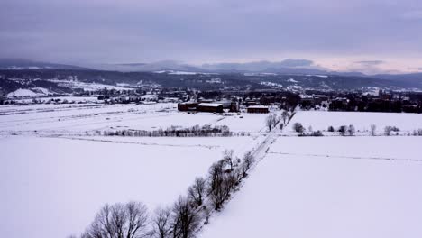 Aerial-shot-of-a-nice-path-near-the-Baie-Saint-Paul-village-in-winter