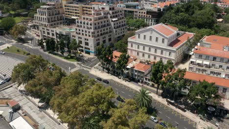 Aerial-above-boulevard-at-city-Funchal-on-island-Madeira,-tourist-destination