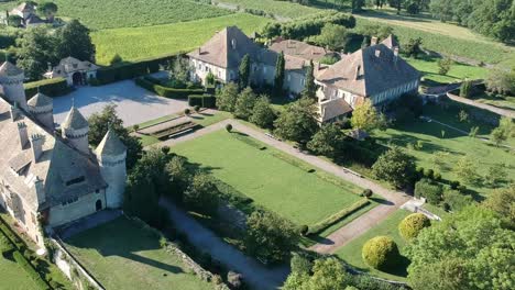 Aerial-views-of-a-castle-with-its-gardens-in-Thonon,-France