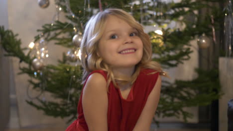 Young-girl-gets-her-portrait-photograph-taken-with-excitement-by-the-Christmas-tree