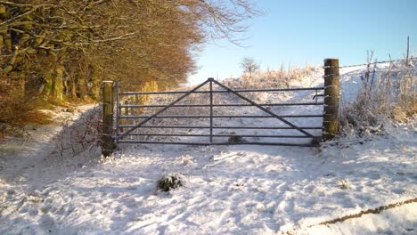 Beautiful-snow-covered-farm-land-with-wooden-fence-at-sunset