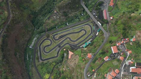 Go-kart-circuit-in-green-valley-in-Madeira-island-of-Portugal,-top-down-aerial