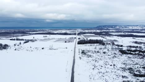 Drone-snowy-countryside,-Canada-In-4K