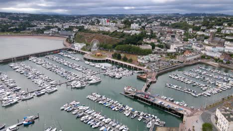 Beautiful-Aerial-view-of-Torquay-Boat-Harbor-Marina-on-England-Coast