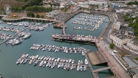 Establishing-Aerial-View-of-Torquay-Boat-Harbour-Marina-on-England-Coast