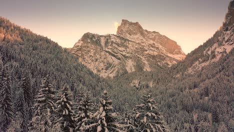 Eine-Herrliche-Luftnähe,-Die-Im-Winter-über-Den-Verschneiten-Wald-Des-Reservats-Von-Sixt-fer-à-cheval-Reist,-Französische-Alpen