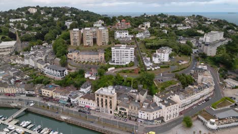 Beautiful-Resort-Tourist-Town-Buildings-of-Torquay,-Devon,-England---Aerial
