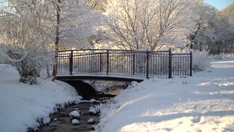 [Dolly-Shot-Right-to-Left]-Black-bridge-with-small-river-flowing-underneath-and-a-snowy-backdrop