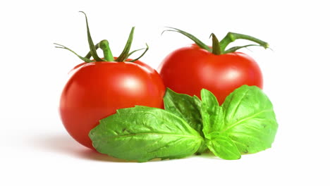 Tomates-Cherry-Rojos-Con-Hojas-De-Albahaca-Aisladas-En-El-Fondo-Blanco