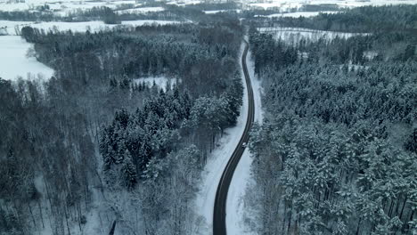 Panoramic-View-Of-Winter-Road-In-The-Woods-During-Snowy-Season-In-Pieszkowo-Poland---aerial-drone-shot