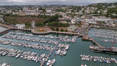 English-Channel-Coastal-Town-of-Torquay,-Devon,-England---Aerial-View-of-Boat-Harbour