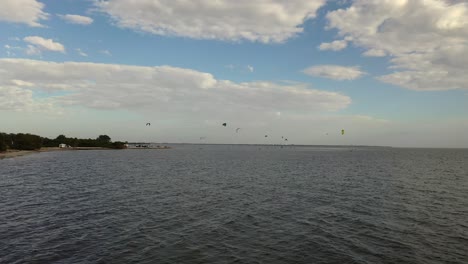 Kite-boarders,-Birds,-Fish-Beach-fun-day-on-Tamp-Bay-in-Florida