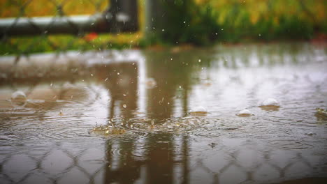 Raindrops-falling-from-the-sky-and-splashing-in-a-backyard-puddle-by-a-chain-link-fence-or-gate---slow-motion
