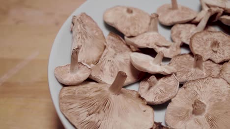 Wild-Mushrooms-Rotating-on-Off-Center-Plate,-Closeup