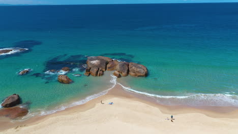 Beautiful-Australian-beach,-idyllic-coastline-of-South-West-Rocks,-aerial-view