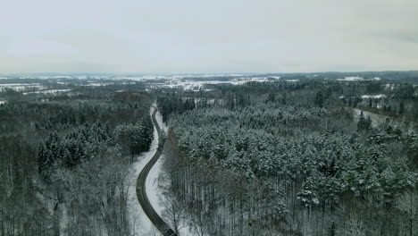 Aerial-view-of-the-road-which-goes-across-a-snow-covered-forest-in-Pieszkowo,-Poland