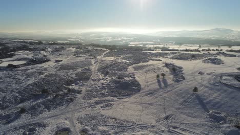 Snow-covered-rural-winter-countryside-track-footprint-shadows-terrain-aerial-view-tilt-down