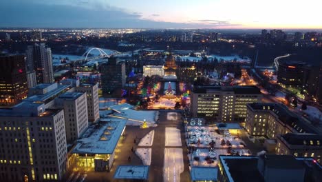 4k-Twilight-Aerial-drop-fly-over-panaramic-post-Modern-Provincial-Legislature-Buildings-centered-with-a-Beaux-Arts-dome-rooftop-structure-in-the-Winter-Capital-City-of-Edmonton-Alberta-Canada-2-4