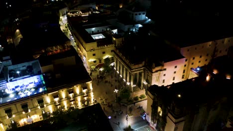 Birds-Eye-View-of-Teatro-Juarez-in-Guanajuato-City,-Mexico-at-Night