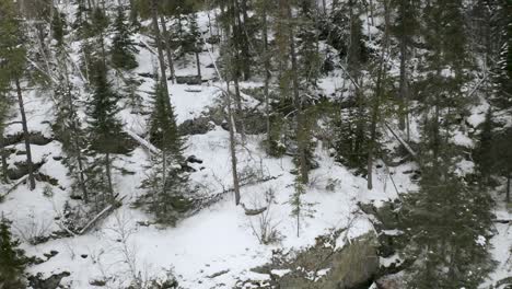 Snow-covered-Canadian-shield-rocky-shelf,-along-a-frozen-shore-line