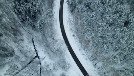 Aerial-flight-over-cars-driving-along-curvy-rural-road-through-snowy-winter-forest