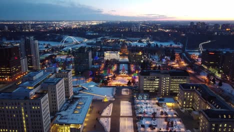 4k-Twilight-Aerial-Hold-panaramic-perspective-Post-Modern-Provincial-Legislature-Buildings-centered-with-a-Beaux-Arts-dome-rooftop-structure-in-the-Winter-Capital-City-of-Edmonton-Alberta-Canada-1-4