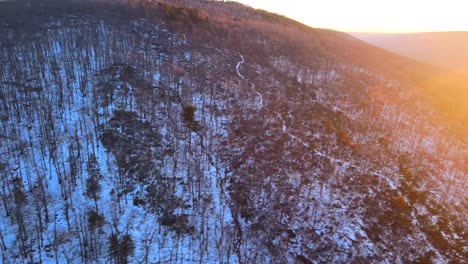 Rising-above-a-forested-mountain-covered-in-snow-at-sunset