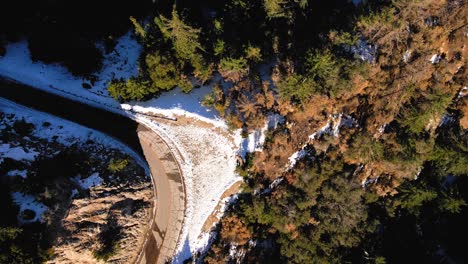 Aerial-Overhead-Shot-over-Snow-Capped-Angeles-Crest-Highway