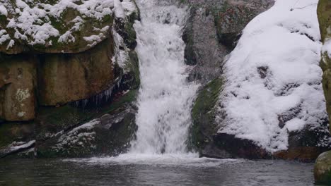 Wasserfall-In-Winterlandschaft,-Langsames-Schwenken-Mit-Stabilisierender-Drohne