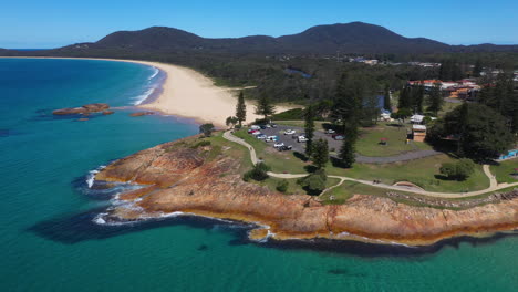 South-West-Rocks-coastline,-beautiful-New-South-Wales-beach,-Australia-aerial