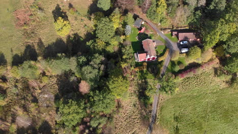 Amazing-top-down-aerial-view-of-rural-Swedish-countryside-house-farm,-day