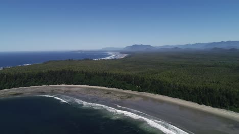 Panoramic-Aerial-View-of-Florencia-Bay-Gray-Sand-Beach,-Vancouver-Island,-Canada-on-Sunny-Day
