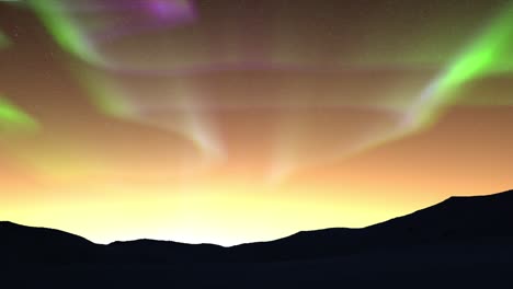 Montañas-Nevadas-Oscuras-En-La-Noche-Con-Auroras-Verdes-Purpel-En-El-Cielo