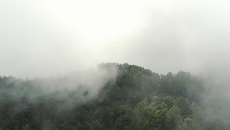 Drone-aerial-view,-foggy-mountain-summit,-green-forest-during-cloudy-day