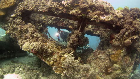 Scuba-diver-exploring-a-crane-wreck-in-the-Philippines