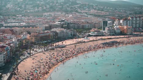 Crowd-Of-People-At-The-Beautiful-Beach-In-Valencia,-Spain-In-Summer---high-angle