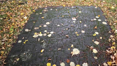 Ancient-flat-tombstone-on-leafy-autumn-ground-in-Sweden,-slow-tilt-up