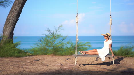 Wonderful-scene-of-woman-on-swing-hanging-from-tree-with-sea-in-background