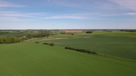Open-Green-Field-in-South-Sweden-Skåne-Österlen-on-a-Sunny-Day,-Aerial-Turning-Slow