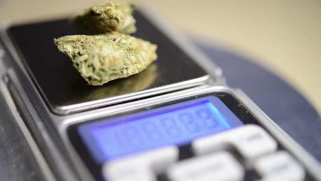 Close-up-rotating-shot-marijuana-flower-on-a-weighing-scale