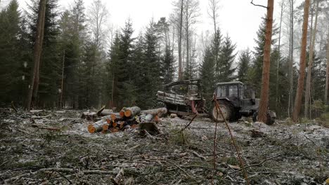 Forsttraktor-Mit-Baumstämmen-Auf-Anhänger-Fährt-Bei-Schneefall-Im-Berg-Rückwärts